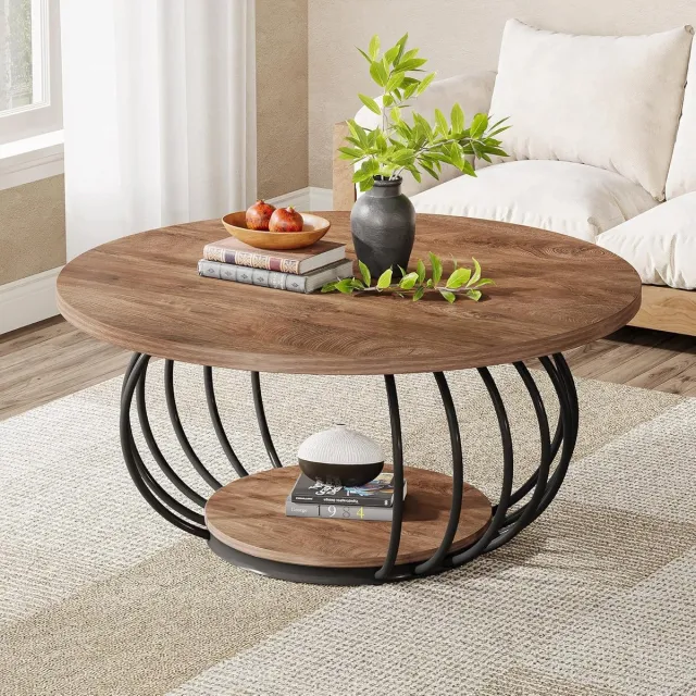 Tribesigns Ronde Salontafel - Salontafel met Opbergruimte - 100 x 100 x 45 CM - Metalen Frame met 2 Niveaus - Bruin - Voor Woonkamers, Thuiskantoor