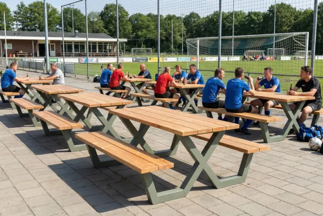 Rockwood® Picknicktafel Cross Over 250cm (6,5cm dikte) Salie Groen 2.50m met 2 rugleuningen Naturel