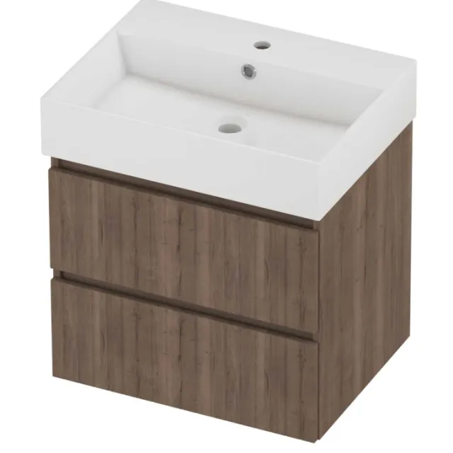 Proline Zara Badmeubelset Porselein Loft 1 Kraangat Symmetrisch 60x46x65 cm Glans Wit Terra Oak Eiken