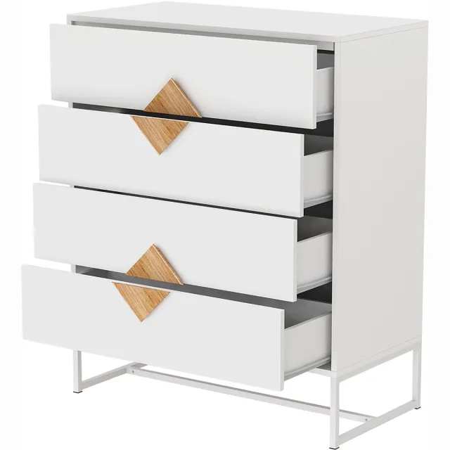 Merax Ladekast met 4 Lades – Witte Houten Commode met Uniek Handvat Design – Moderne Dressoir Kast met IJzeren Frame voor Slaapkamer of Hal