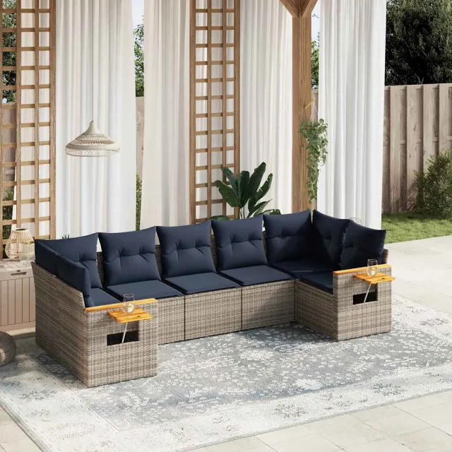 vidaXL 7-delige Loungeset met kussens poly rattan grijs, foto 2