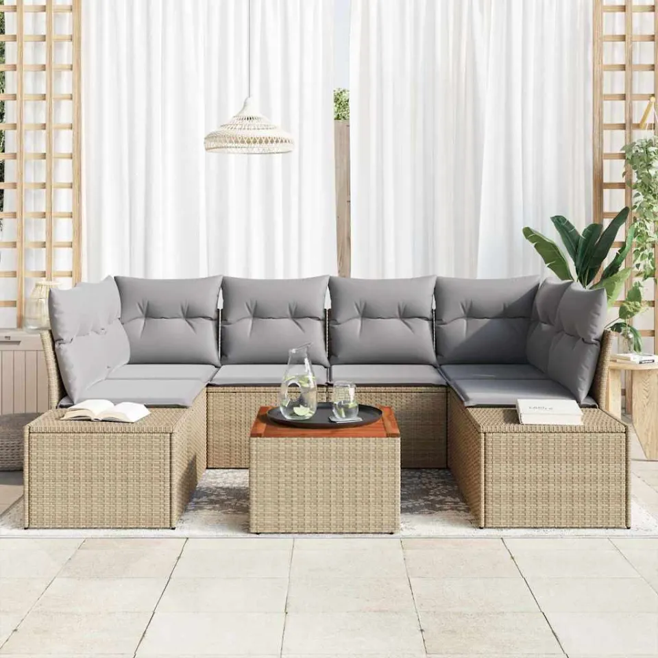 vidaXL Tuinbankenset 7 st Beige en Licht Grijs poly rattan, foto 2