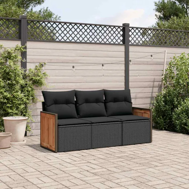 vidaXL 3-delige Loungeset met kussens poly rattan zwart, foto 2