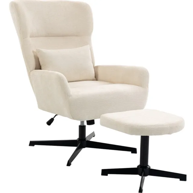 HAUSS SPOLE Draaibare Fauteuil met Hocker - in Hoogte Verstelbaar en 360 Graden Draaibaar - met Lendekussen - voor Woonkamer en Slaapkamer - Chenille - Crèmewit Crème wit