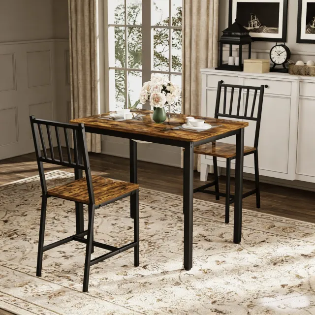 DESMIU Eettafelset - Industriële Eettafel Met Twee Banken - Compact Voor Keuken En Woonruimte - Spaanplaat En Staal - Bruin En Zwart - 90x60x75,5 Cm Bruin+Zwart