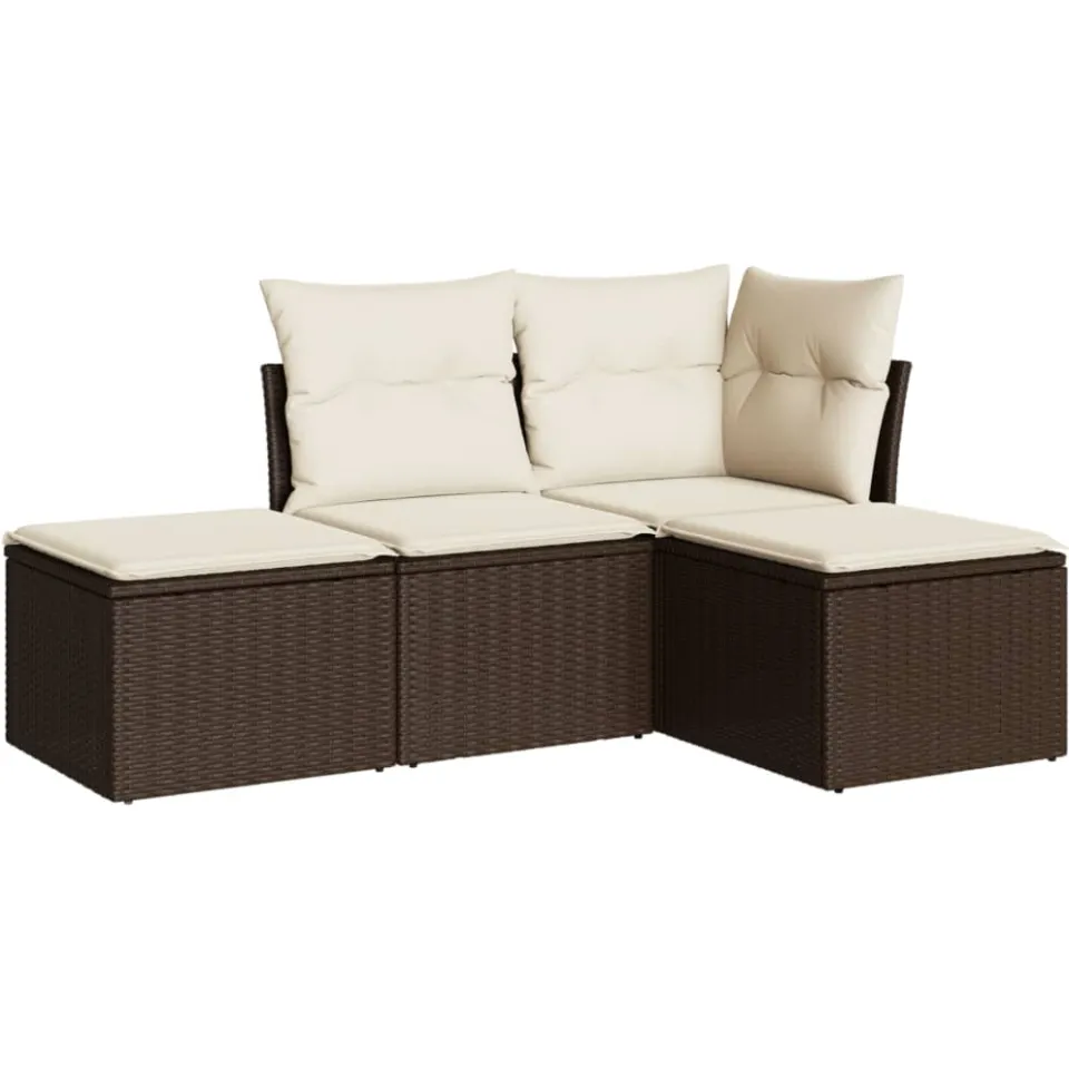 vidaXL 4-delige Loungeset met kussens poly rattan bruin, foto 3