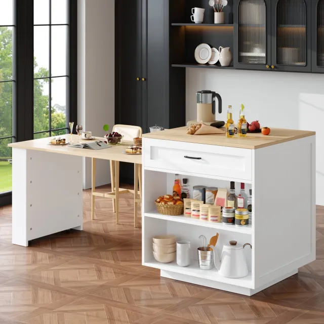 DESMIU Bartafel - Uitschuifbaar Met Opbergruimte En Lades - Voor Keuken En Eethoek - MDF - 133-202x70x93,5 Cm - Wit