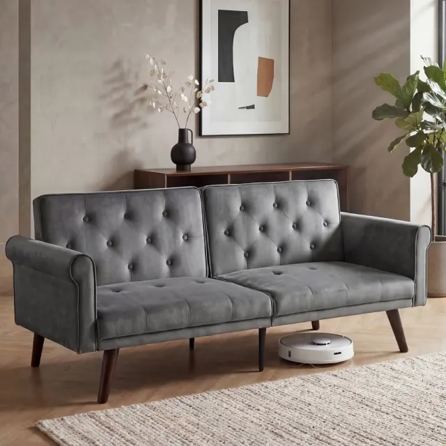 Wishdor 2-Zits Slaapbank - Verstelbare Rugleuningen Met 5 Standen - Omvormbaar Tot Logeerbed - Modern Ontwerp - Voor Appartement - Fluweel - Grijs