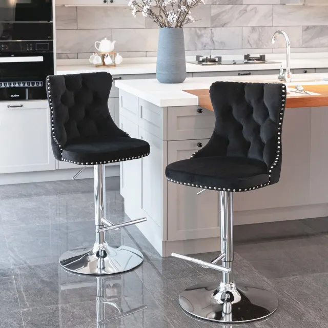 WUVRIE Barkrukken set van 2 - Zithoogte verstelbaar 63-84 cm en 360° draaibaar - Zwart velvet