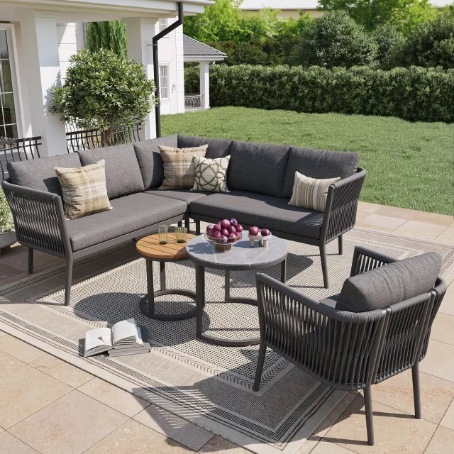 FloraGrace Loungeset 6-Delig - Modulair Hoeksofa Voor 5-6 Personen - Met 2 Tafels En Kussens - Voor Tuin Balkon Of Terras - Grijs