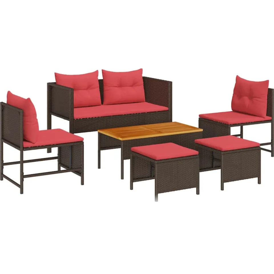 vidaXL Tuinbankenset 6 st Bruin en Rood poly rattan, foto 3