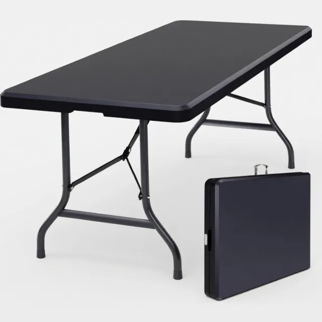 RALA Inklapbare Tuintafel 180x75 cm - Opvouwbaar tot 90 cm - Weerbestendig HDPE Blad en Stalen Frame - Geschikt voor 8 Personen - met Draaggreep Zwart
