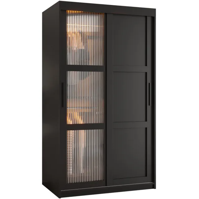 AJE Meubles B.V. Zweefdeurkast Kledingkast met 2 schuifdeuren glanzen slaapkamerkast Kledingstang met planken Garderobekast met geribbeld glas - ARTON 3 (100 cm, Zwart) met lades