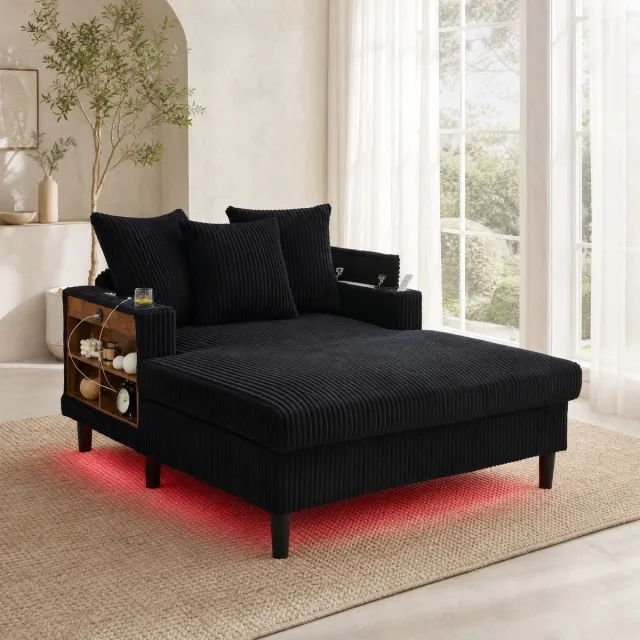 MEUNIQ Chaise longue 129 x 170 x 70 cm met ribstof bekleding, LED-verlichting, bekerhouders, USB-oplaadpoort en opbergruimte voor woonkamer of balkon, zwart