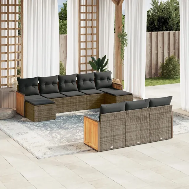 vidaXL 10-delige Loungeset met kussens poly rattan grijs, foto 2