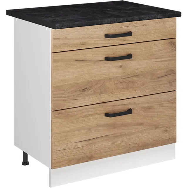 Vicco Keukenonderkast R-Line, Goudkleurig Eiken/Wit, 80 cm met 3 laden antraciet werkblad