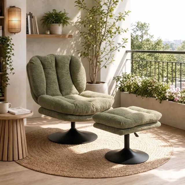 HAUSS SPOLE Fauteuil met Hocker - 360 Graden Draaibaar - in Hoogte Verstelbare Hocker - voor Woonkamer en Slaapkamer - Zacht Fluweel - Groen