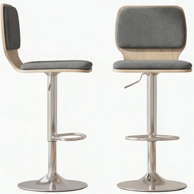 SONNENH Barkrukken set van 2 - Grijze stof en houtlook rug - Zithoogte 59–80 cm - Draaibaar Grijs met naturel houtlook en zilverkleurig metaal