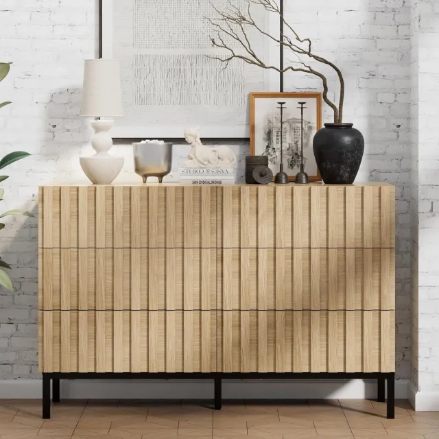 UEV Ladekast met 6 Lades, 100 cm, Naturel Eiken, Opbergkast met Ribbeldesign voor de Hal Ivoor