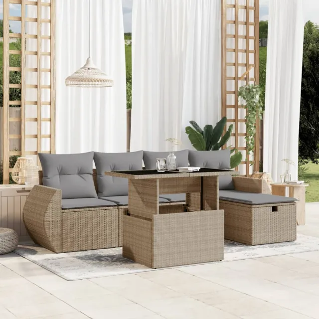 vidaXL 6-delige Loungeset met kussens poly rattan beige, foto 2