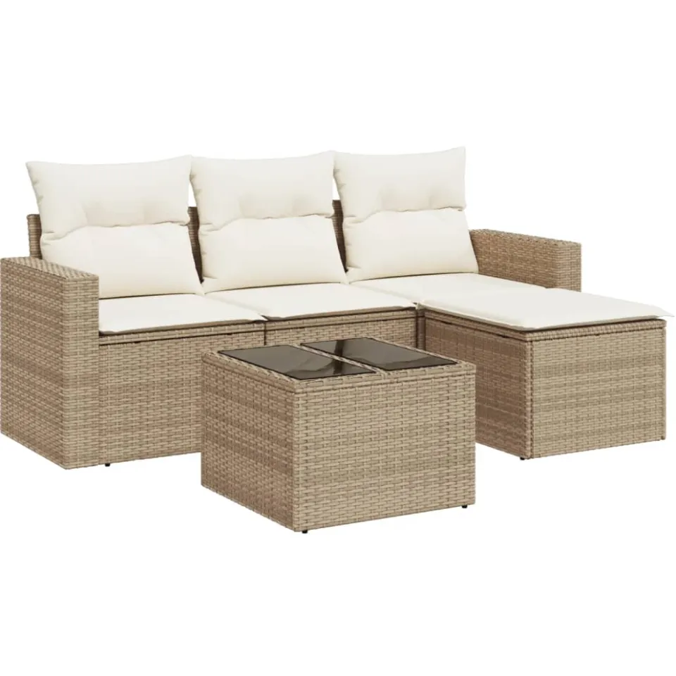 vidaXL 5-delige Loungeset met kussens poly rattan beige, foto 3