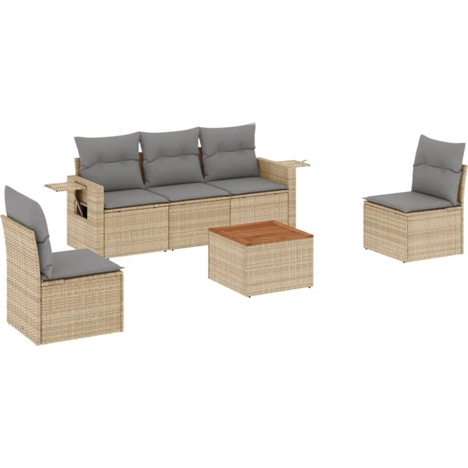 vidaXL 6-delige Loungeset met kussens poly rattan gemengd beige, foto 3