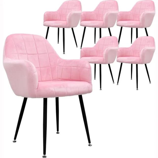 ecd germany Set van 6 Eetkamerstoelen Eetkamerstoel met rugleuning en armleuningen Roze Fluwelen Zitting Metalen Poten Keukenstoelen Woonkamerstoelen Woonkamerstoelen Gestoffeerde stoelen Fauteuils