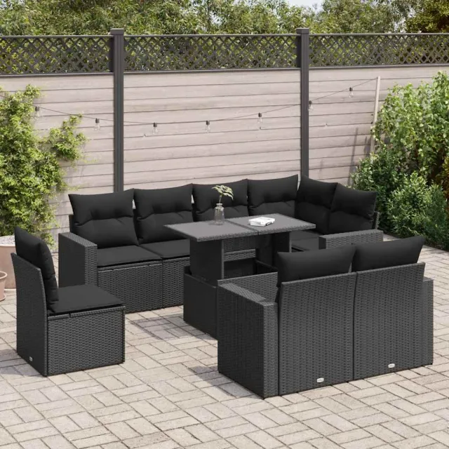 vidaXL 9-delige Loungeset met kussens poly rattan zwart, foto 2