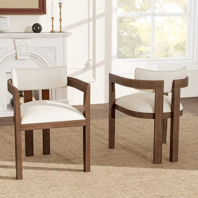 Wishdor Set Van 2 Eetkamerstoelen - Met Armleuningen En Ademend Zitcomfort - Duurzame Constructie En Klassieke Lijnen - Modern Ontwerp - Voor Eetkamer - Houten Frame Met Linnen Bekleding - Walnootkleur Notenhout