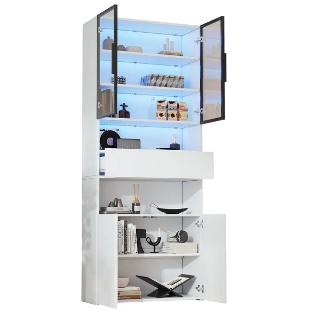 Merax Vitrinekast met LED Verlichting en Glas in Deuren – 70x30x200 – Wit