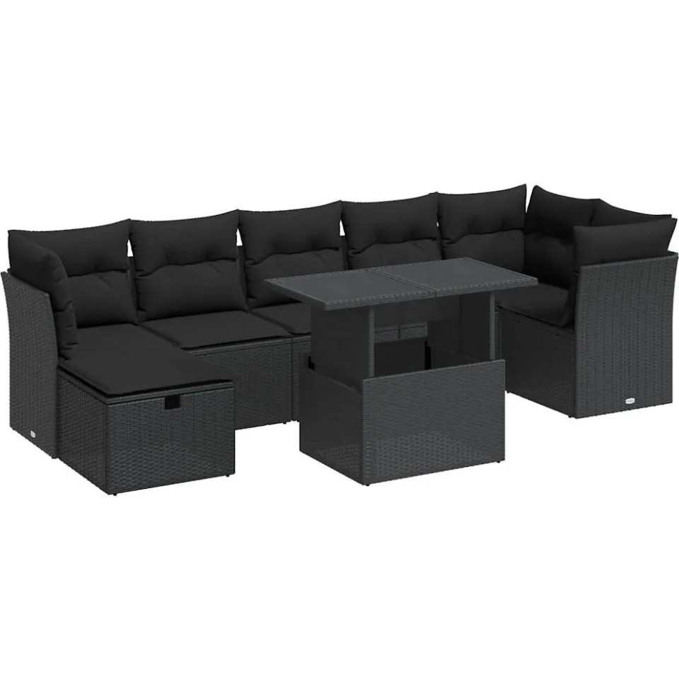vidaXL 8-delige Loungeset met kussens poly rattan zwart, foto 3
