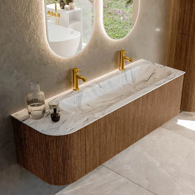 Mondiaz KURVE-DLUX 145 cm Onderkast Greeploos 1 Lade Met Deuren Walnut, Wastafel Solid Surface Rechts Glace 2 Kraangaten Zonder Spiegel (KRVBGL145L1L1D2KR-Wal/Gla)