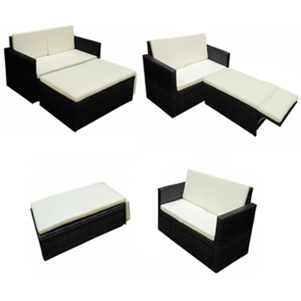 vidaXL 2-delige Loungeset met kussens poly rattan zwart, foto 4