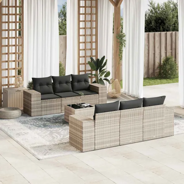 vidaXL 7-delige Loungeset met kussens poly rattan lichtgrijs grijs