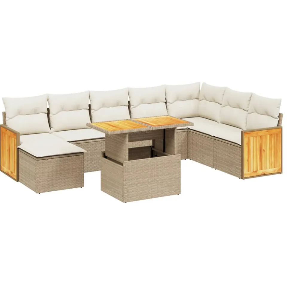 vidaXL 9-delige Loungeset met kussens poly rattan beige, foto 3