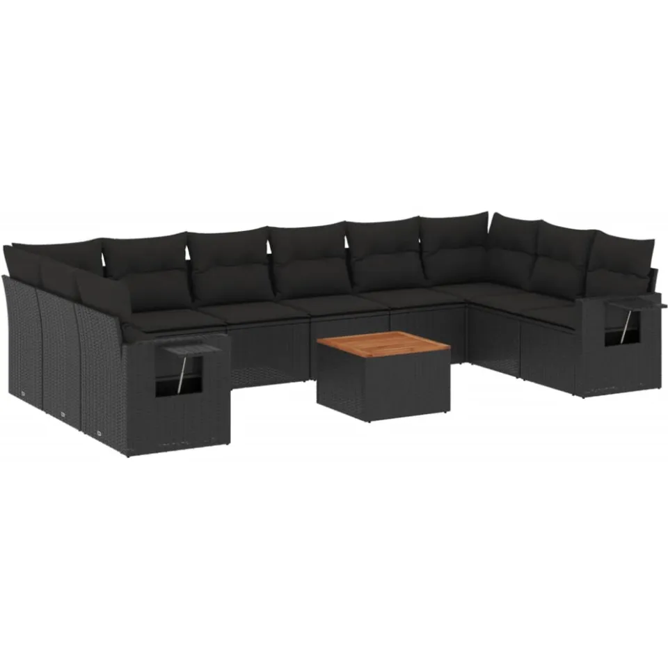 vidaXL 11-delige Loungeset met kussens poly rattan zwart, foto 3