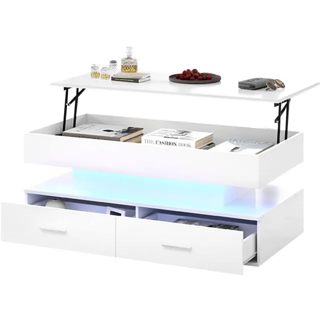 Merax Salontafel met Verstelbaar Tafelblad – LED via App – 2 Lades – Wit – 100x50 cm