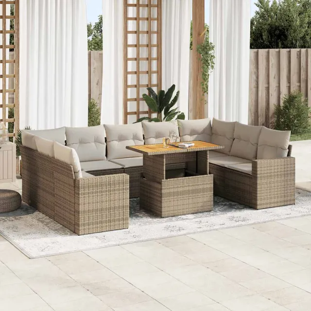 vidaXL 10-delige Loungeset met kussens poly rattan beige, foto 2