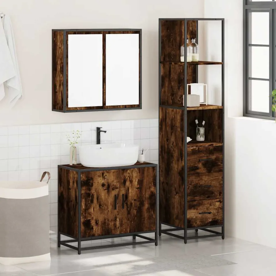 vidaXL 3-delige Badkamermeubelset bewerkt hout gerookt eikenkleurig, foto 2