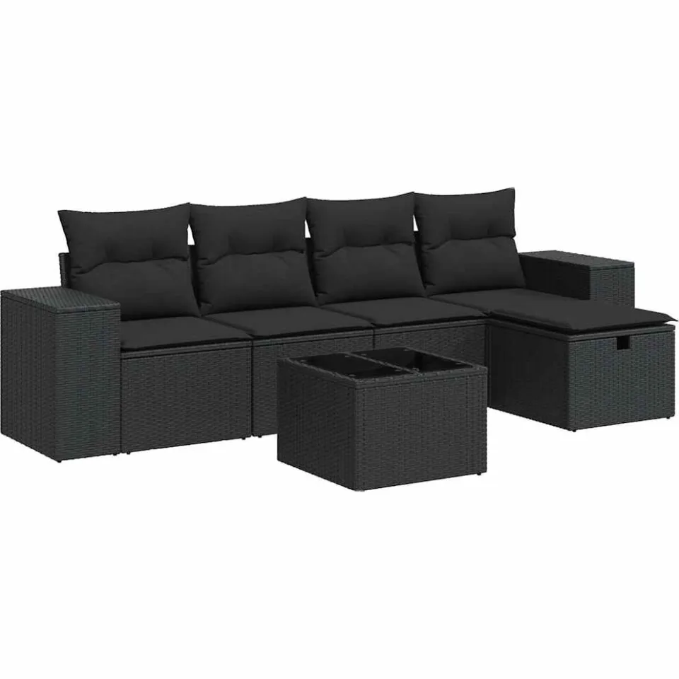 vidaXL 6-delige Loungeset met kussens poly rattan zwart, foto 3