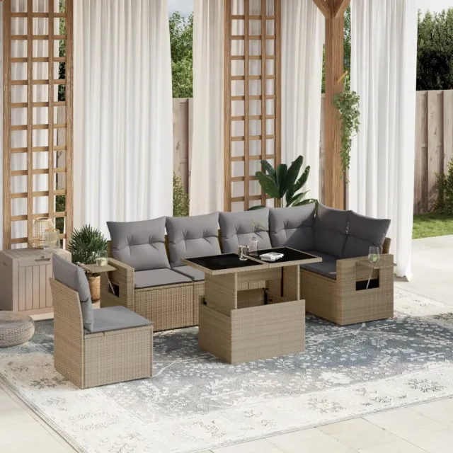 vidaXL 7-delige Loungeset met kussens poly rattan beige, foto 2