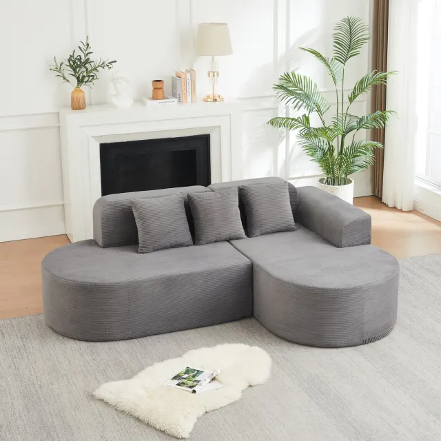 REDOM L-vormige hoekbank - Modulair ontwerp - Corduroy bekleding - 3 kussens - Afgeronde armleuningen en rugleuning - Moderne stijl - Woonkamer - Grijs - 220 x 155 x 70 cm