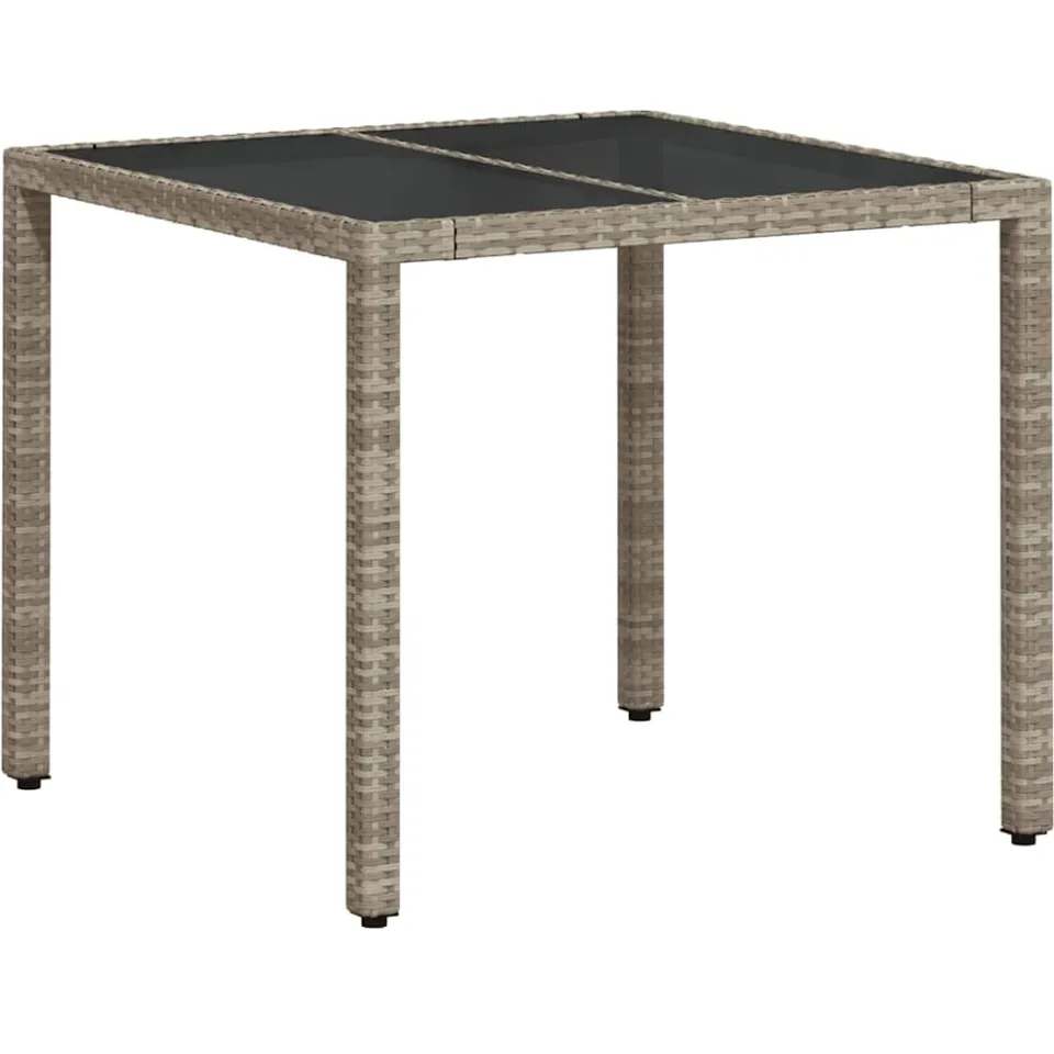 vidaXL Tuintafel met glazen blad 90x90x75 cm poly rattan lichtgrijs
