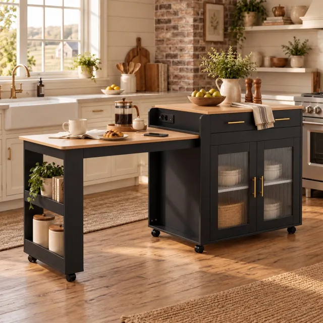 Merax Modern keuken eiland - keukenkast - bordenkast - uitschuifbare bartafel - met stopcontacten en USB-A/C poorten - met opbergruimte - zwart