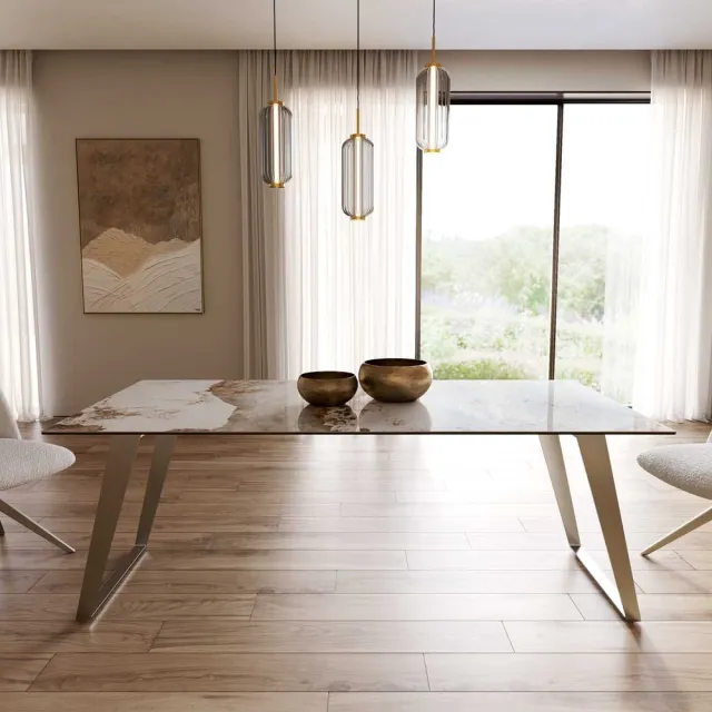 DELIFE Eetkamertafel Edge keramiek Minas Melange wit-beige 200x100 RVS schuin Weiß-Beige