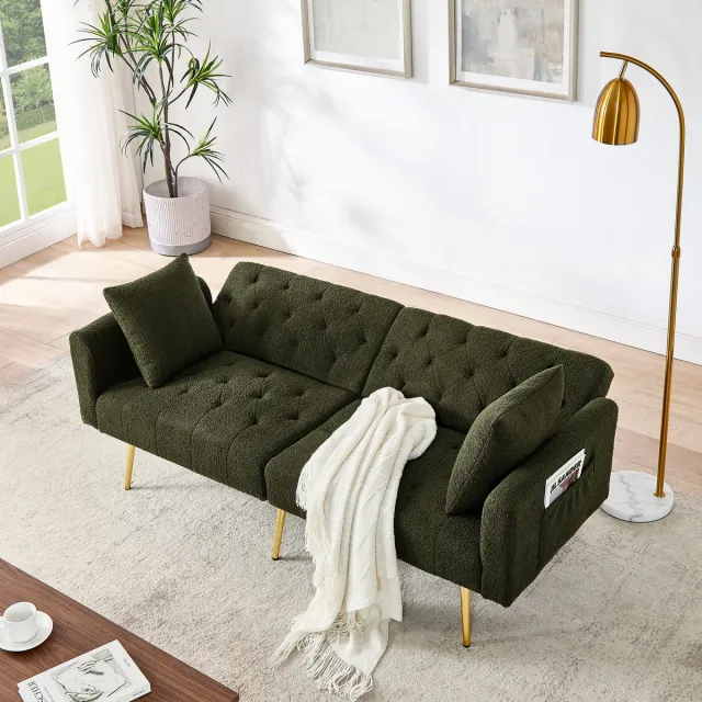 OKWISH 2-Zitsbank - Met 3-Standen Verstelbare Rugleuning & 2 Kussens - Gouden Metalen Poten - Compact Voor Appartement - Teddy - Groen