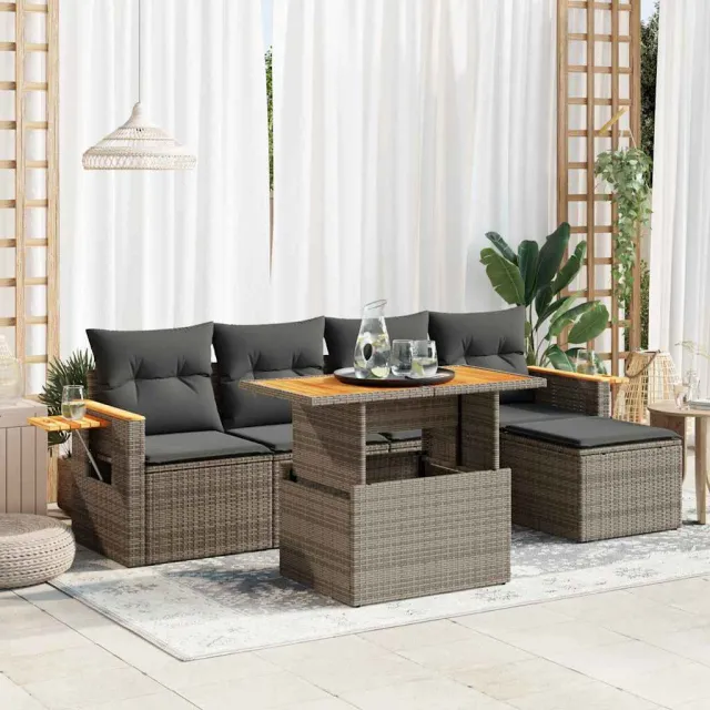 vidaXL 6-delige Loungeset met kussens poly rattan acacia grijs, foto 2