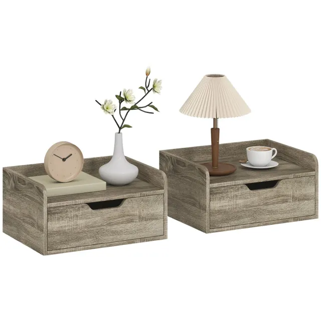 Lejoraa Set van 2 Wandtafels – Nachtkastjes met Lade en Dienblad – Verhoogde Rand – Praktisch - 40 x 30 x 19.5 cm – Grijs
