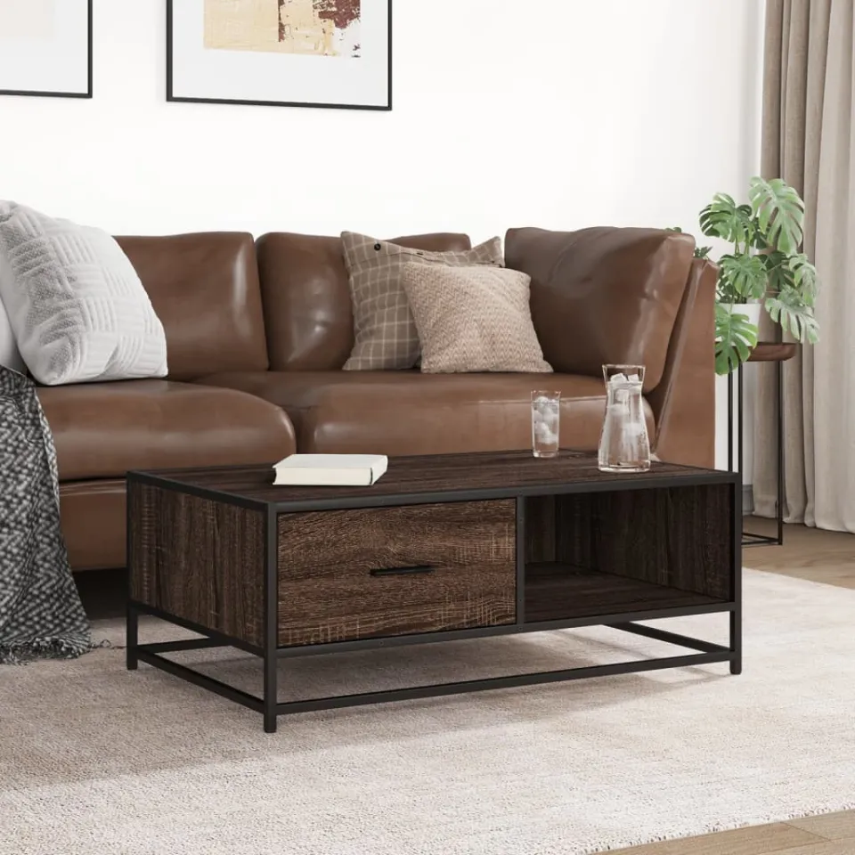 vidaXL Salontafel 90x57x35 cm bewerkt hout en metaal bruin eikenkleur, foto 3