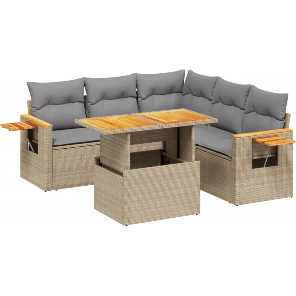 vidaXL 6-delige Loungeset met kussens poly rattan beige, foto 3